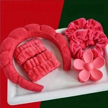 6pcs/Set Women's SPA Hairband Set, Spa Headband Hair Hoop Claw Clip Velvet Hair Hoop Wristband For Washing Face Skincare Makeup Wear, Gift Home Bathroom Decor Fall Decor Back To School