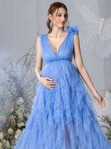 Maternity Plunging Neck Sleeveless Mesh Overlay Photography Dress - Blue - View 6