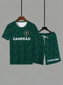 2pcs/Set Plus Size Men's Sports Style Triangle Scatter Print Football Team T-Shirt Set, Suitable For All Seasons - Dark Green - View 3