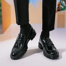 Men's Leather Shoes Tassel Loafers, Thick Sole Elevator Shoes, Slip-OnSlip-On Formal Dress Shoes Suitable For Saturday Parties, Weddings, Groom Wedding Shoes - Black - View 8