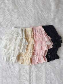 Pantalones cortos bombachos con diseño en capas tipo pastel y borde de encaje para mujer, cintura elástica con lazo, corte holado antideslizante, ideal para uso diario y estilo Lolita en primavera y verano - Negro - Ver 2