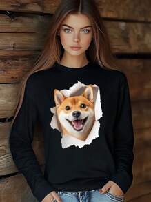 Women Cute Style Dog Shiba Lnu Paper Holes T-Shirt Fashion Print Long Sleeve Round-Neck Loose Fit Tops Streetwear - Black - View 1