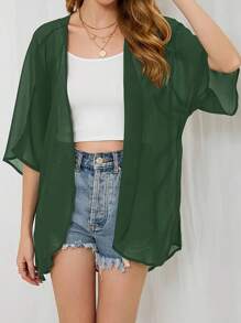 Solid Color Chiffon Blouse Long Women Summer Vacation Beach Cover Up Open Front Lightweight Shawl Top - Olive Green - View 5
