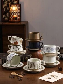 1 件日式复古风格釉下彩绘咖啡杯碟套装，高美感创意粗陶拿铁杯