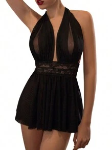 Women Halter Lingerie Dress, Deep V Neck Sheer Mesh Babydoll Backless Chemise Nightwear - Black - View 5