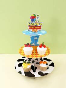 1set Happy Birthday Theme Decorative Cake Holder, Cartoon Blue Sky White Clouds Pattern Cupcake Stand Multi-Layered Cake Tray, For Birthday Babe Shower Party Holiday Table DIY Cake Decoration Supplies, Happy Birthday Cake Topper Food Tray, Birthday Party Gifts Favor