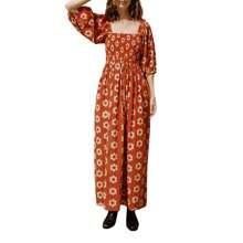 Women Puffed Sleeve Dress Casual Summer Plaid/Floral Print Square Neck Party A-Line Dress For Beach Cocktail Streetwear - Đỏ - Xem 2