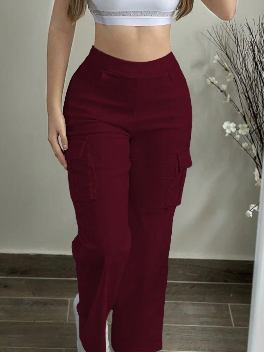 Women's Casual Solid Color Pocket Cargo Pants, Versatile Daily Outerwear, Spring Autumn Winter - Burgundy - View 1