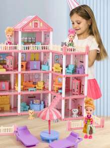 公主城堡娃娃屋玩具套装，娃娃屋女孩玩具，游戏屋套装玩具豪华别墅带家具和配件，逼真的角色扮演玩具，适合 3 4 5 6 7 8 9 10 岁女孩儿童的生日礼物，（部分配件颜色随机） - 粉色 - 查看 6