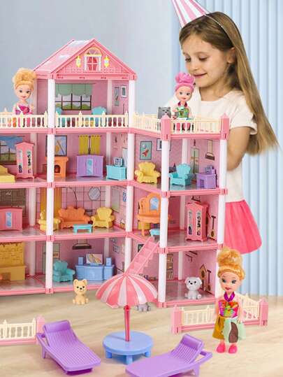 Princess Castle Dollhouse Playset, Girls Dollhouse Toy, Luxury Villa Playhouse Set, Includes Furniture And Accessories, Realistic Role-Play Toy, Suitable For 3-10 Years Old Girls Birthday Gift (Some Accessories Color Random)