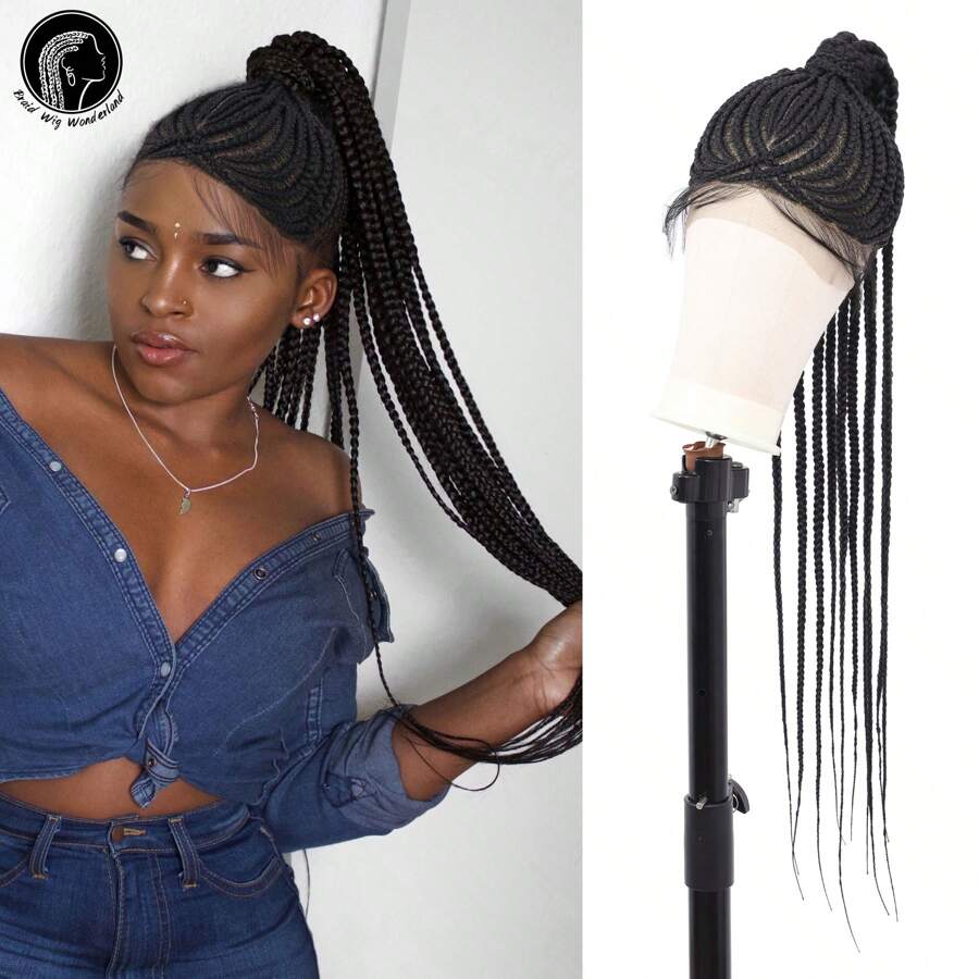 31-Inch Box Braid Wig, Black Lace Front Ponytail Wig For Women, Lightweight Synthetic Braided Wig With Baby Hair, Double Lace Handmade