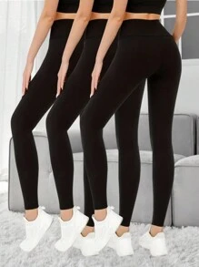 3pcs Versatile Casual Solid Color High Waist Seamless Leggings - Black - View 2