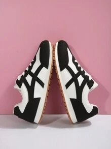 女士厚底休闲运动鞋，新款秋季拼接系带厚底休闲运动鞋，轻便户外运动款学生鞋 - 黑色 - 查看 7