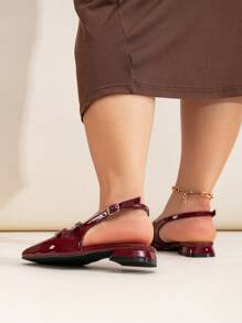 Zapatos planos de mujer talla grande de color rojo vino elegantes, versátiles y casuales, con hebillas decorativas, tiras en la parte trasera y tacón ancho brillante - Burdeos - Ver 6