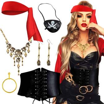 6 Pcs Pirate Costume Sets For Women With 1 Pc Pirate Headband Wrap 1pc Lace-Up Elastic Waist Belt 1pc Pirate One-Eye Patch 1 Pc Pirate Skull Necklace 1 Pair Of Pirate Skull Earring 1 Pc Pirate Hoop Earring Music Festival CarnivalCostume Cosplay Prom