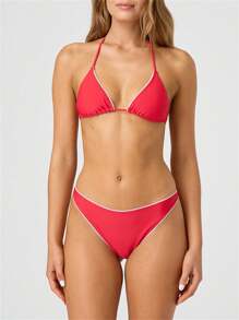 Women's Summer Bikini Set Dot Print Halter Bra With Low Waist Thong 2 Pcs Swimsuit - Đỏ - Xem 1