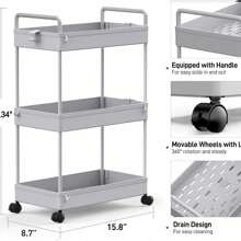 Rolling Storage Cart, 3 Tier Utility Cart Mobile Slide Out Organizer, Bathroom Standing Rack Shelving Unit Organizer For Kitchen, Bathroom, Laundry Room, Gray