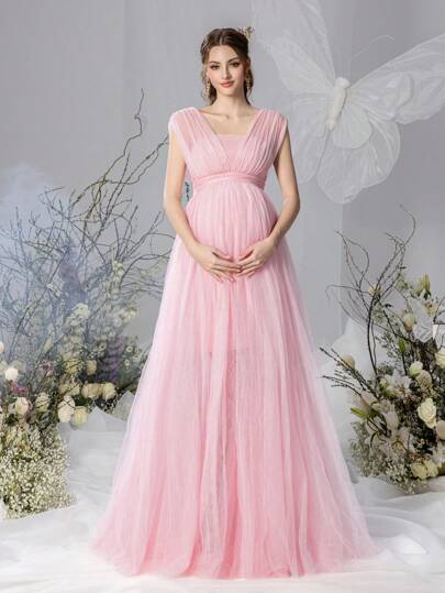 Faeriesty Dressalisa Maternity Sleeveless Off-Shoulder Maxi Dress With Dramatic Tulle Skirt – Lightweight Chiffon Fabric For Spring/Summer Baby Showers & Maternity Photoshoots (Flattering A-Line Silhouette, Romantic Ethereal Elegance)