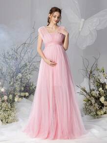 Faeriesty Dressalisa Maternity Sleeveless Off-Shoulder Maxi Dress With Dramatic Tulle Skirt – Lightweight Chiffon Fabric For Spring/Summer Baby Showers & Maternity Photoshoots (Flattering A-Line Silhouette, Romantic Ethereal Elegance)
