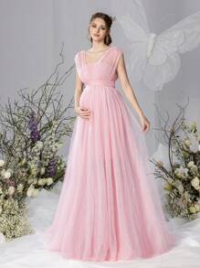 Faeriesty Dressalisa Maternity Sleeveless Off-Shoulder Maxi Dress With Dramatic Tulle Skirt – Lightweight Chiffon Fabric For Spring/Summer Baby Showers & Maternity Photoshoots (Flattering A-Line Silhouette, Romantic Ethereal Elegance)