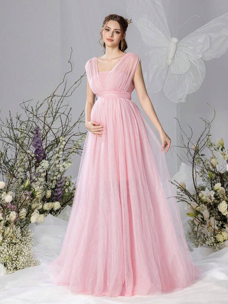 Irresista Dressalisa Umstandskleid ärmellos mit Off-Shoulder Maxikleid und dramatischem Tüllrock - leichter Chiffon-Stoff für Babypartys & Schwangerschaftsfotoshootings im Frühling/Sommer (schmeichelnde A-Linie Silhouette, romantische, luftige Eleganz) - Pink - Übersicht 6