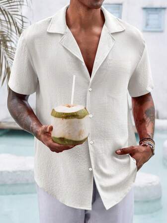 男士纽扣纹理休闲瓜亚贝拉短袖瑜伽嬉皮夏季海滩上衣