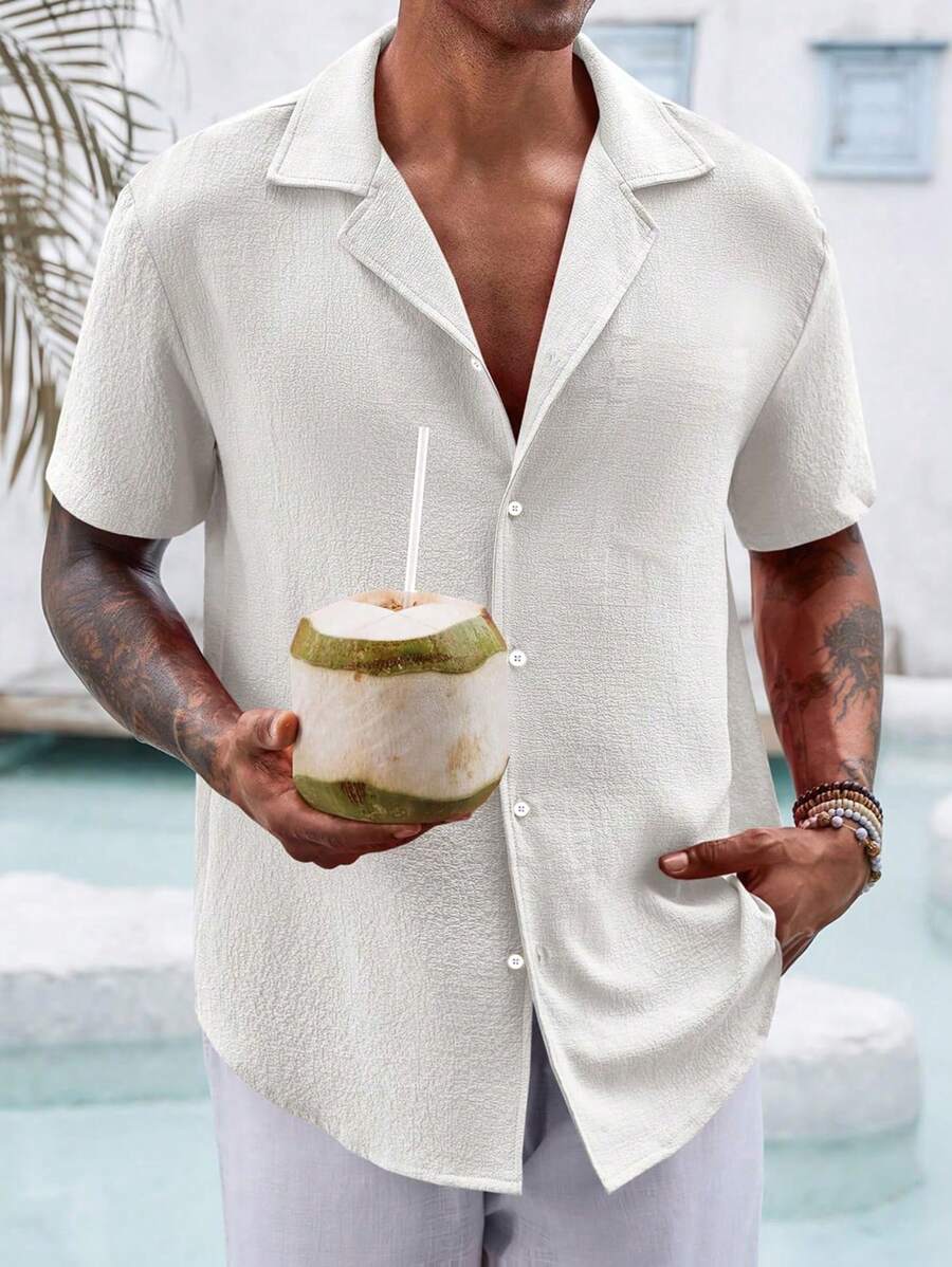 男士纽扣纹理休闲领短袖衬衫，夏季海滩上衣 - 白色 - 查看 1