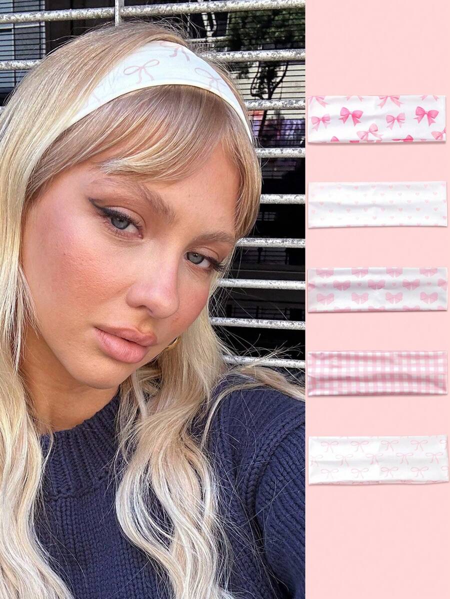 1件装女士休闲可爱街头风蝴蝶结爱心格纹印花发带，涤纶材质，用途广泛，适合日常佩戴、海滩度假、假日出行，可作头巾、发带、吸汗带、发箍等，是秋冬季女士度假装扮的理想发饰，优雅围巾，柔软舒适。 - 彩色 - 查看 1