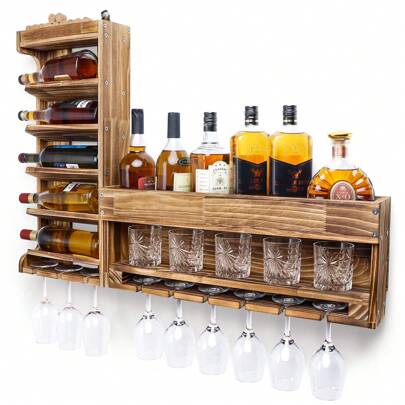 Yorbay Weinregal Palette Beflammt Holz, Wandbar mit Korkhalter, für Weingläser,Whiskygläser,Flaschenhalter Hausbar,Vintage