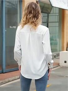 Camisa Frontal de Botão Sólida, Blusas de Manga Comprida Camisa de chiffon com lapela solta e decote em V, camisa casual com botões e manga longa