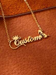 Customized Crown & Butterfly Name Necklace, Stainless Steel Personalized Pendant Necklace, Unique Jewelry Gift For Birthday, New Year - Yellow Gold - View 4