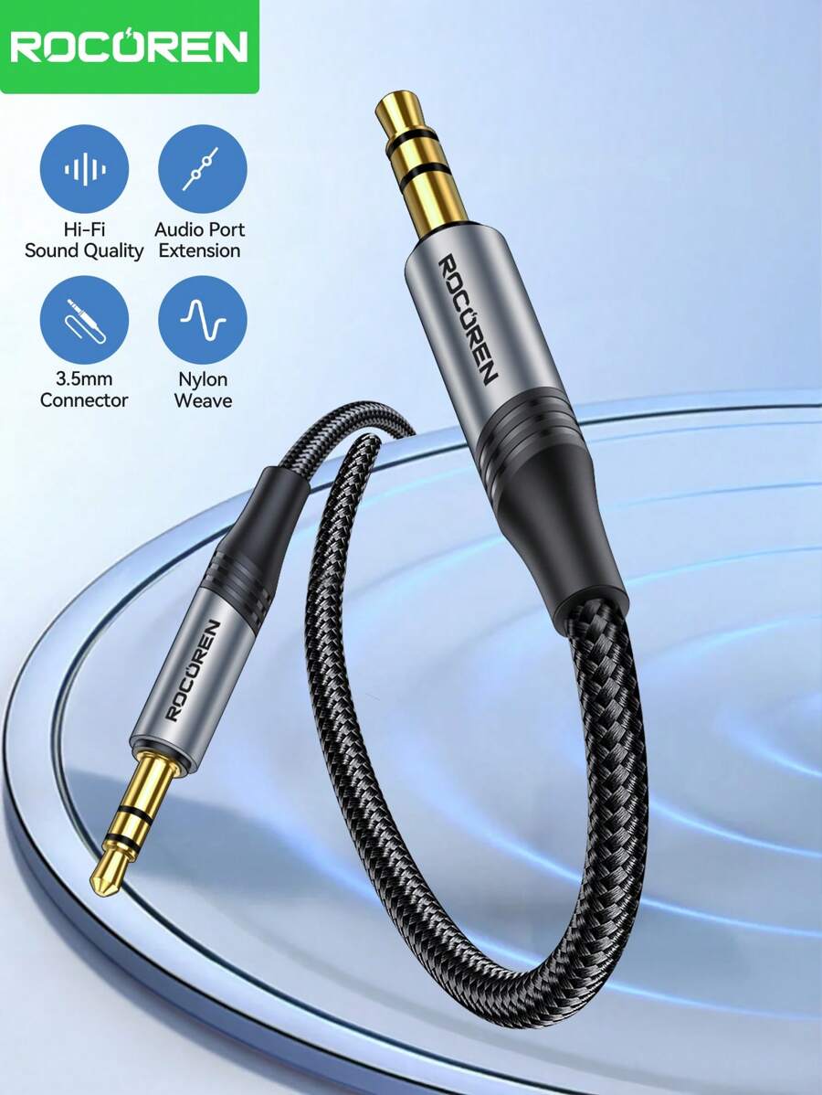 Rocoren 3.5mm 音频线尼龙编织辅助线电缆公对公立体声高保真音响适用于耳机汽车音响音箱平板电脑兼容手机笔记本电脑 Echo 等 - 黑色 - 查看 1