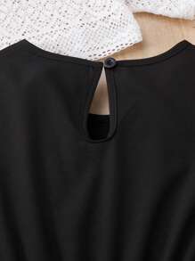 2pcs/Set Girls Summer Outfit, Casual Polyester Knit Mesh Top, Short Sleeve Round Neck, And Matching Black Belt Dress, Slight Stretch, Suitable For 8-12 Years Old Children, Fashionable Summer Clothing For Girls - Perfect Casual Outdoor Wear