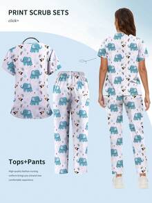 Conjunto de ropa de trabajo para uniformes de hospital con estampado de dibujos animados que incluye blusas y pantalones para clínicas dentales, spas de belleza, cirugías y otros trabajos - Multicolor - Ver 2