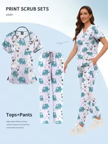 Conjunto de ropa de trabajo para uniformes de hospital con estampado de dibujos animados que incluye blusas y pantalones para clínicas dentales, spas de belleza, cirugías y otros trabajos - Multicolor - Ver 1