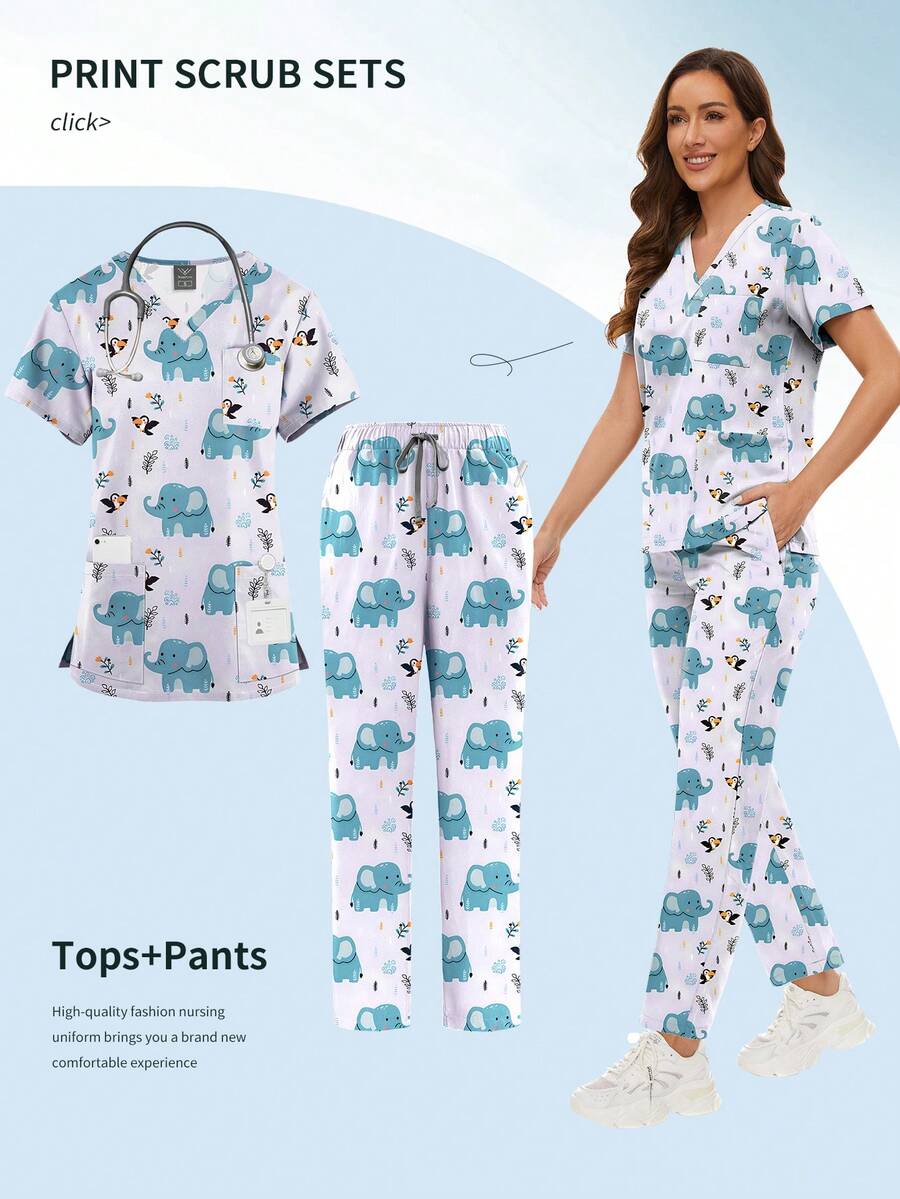 Conjunto de ropa de trabajo para uniformes de hospital con estampado de dibujos animados que incluye blusas y pantalones para clínicas dentales, spas de belleza, cirugías y otros trabajos - Multicolor - Ver 1