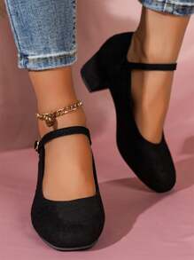 女士纯色优雅鞋，踝带扣低帮鞋，圆头连衣裙粗跟鞋 - 黑色 - 查看 3