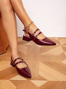 Women's Pointed Toe Flat Loafers With Metal Buckle, Hollow Strap Sexy Shoes, Spring/Summer - Burgundy - View 3
