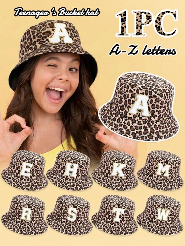 1 pieza Sombrero de cubo con estampado de leopardo de 26 letras, sombrero de cubo personalizado con alfabeto apto para niñas para uso en exteriores