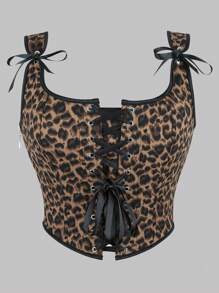 1 Pc Women's Corset-Style Leopard Print Tight Fitting Tank Top, Fashion Sexy Lacing Front Boned Shapewear Camisole Vest, Suitable For Party Or Daily Outfit