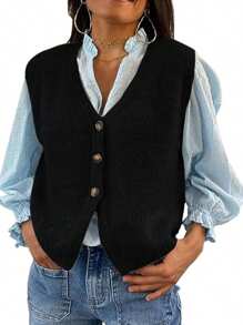 Women Basic Tank Tops Casual Summer Solid Color Button Front V-Neck Sleeveless Vest Aesthetic Clothes For Streetwear