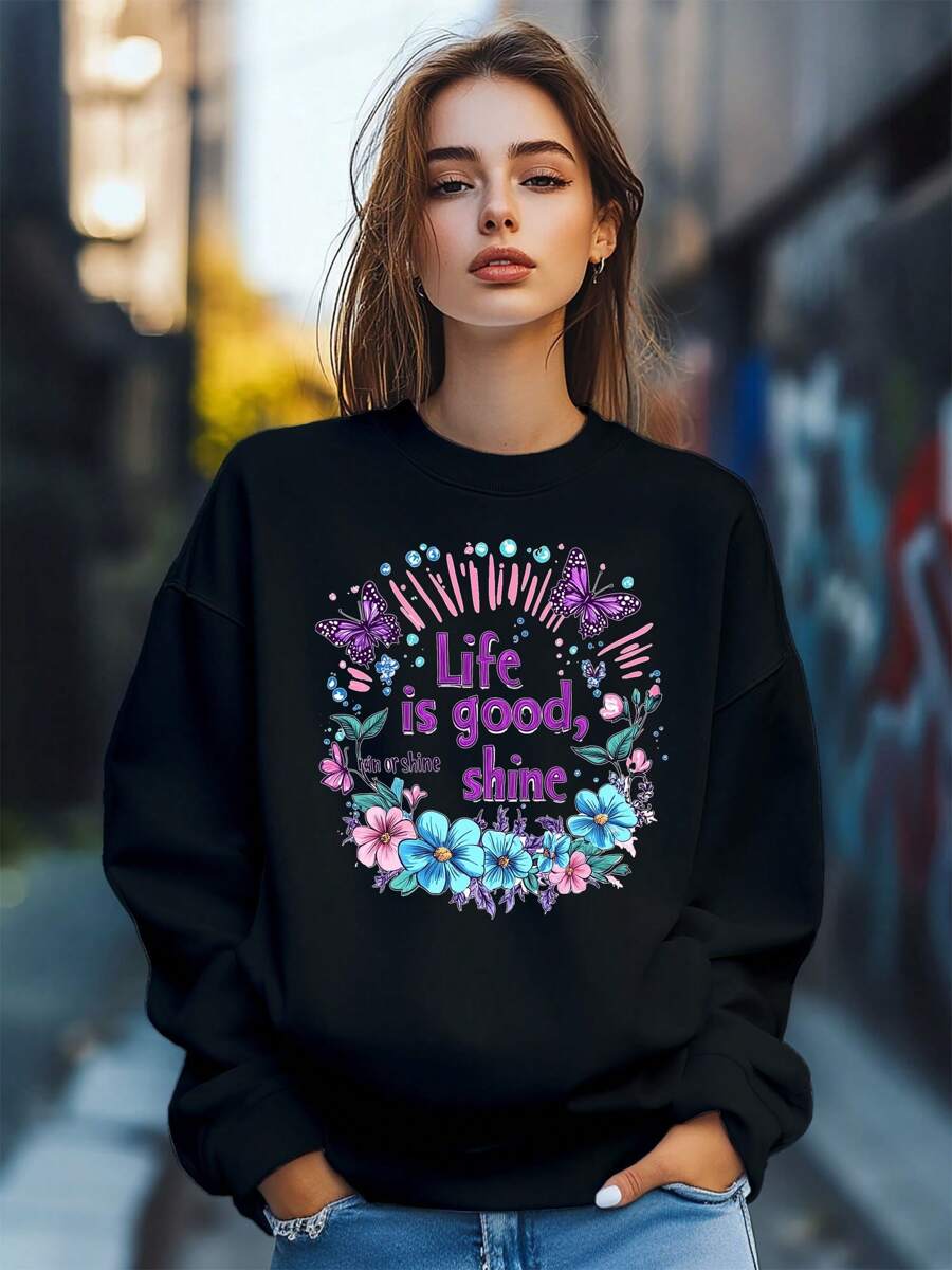 Women'sLife Is Good Butterfly Flowers Print Sweatshirt Pullover Fall Loose Fashion Long Sleeve Crew Neck Sweatshirt Casual Comfy Clothes - Black - View 1
