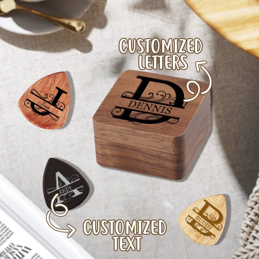 1 PC Personalized Guitar Picks, Custom Wooden Guitar Pick Case Box With Engraving, Wood Guitar Pick Organizer Music Gift For Guitarist Musician - Walnut - View 1