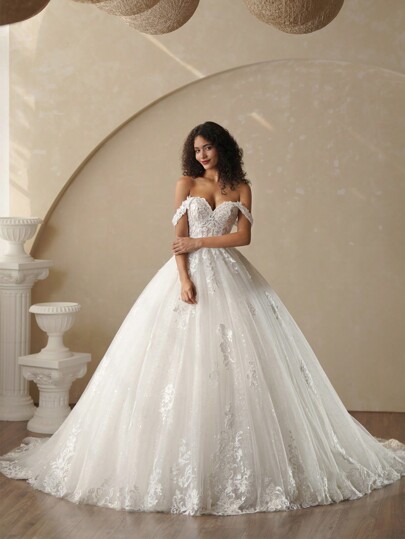 Elasola Abito da sposa a palloncino con paillettes, con spalle scoperte, abito da sposa luccicante in pizzo