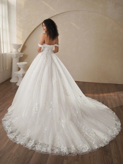 Đầm dạ hội lấp lánh, đầm cưới ren đính sequin trễ vai, đầm cô dâu thanh lịch