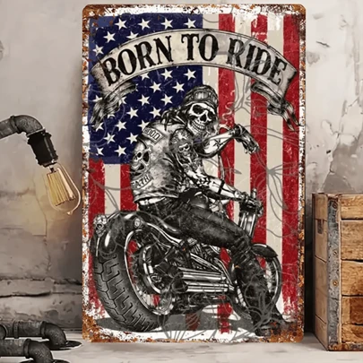1pc Vintage "Born To Ride" Motorcycle Metal Tin Sign - 8" X 12" Metal Tin Sign, Suitable For Home, Bar, Garage Wall Decor - Classic Motorcycle Rider Art, Great For Christmas Gift And Farmhouse Decor