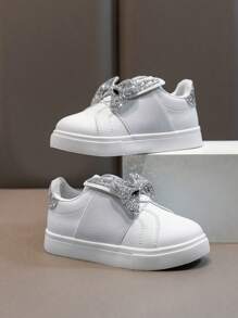 1 Pair Children Glitter Rabbit Ear Star Decor Lightweight Flat Bottom Sneakers, Comfortable Non-Slip Outdoor Casual Shoes For Girls, All Season - Silver - View 3