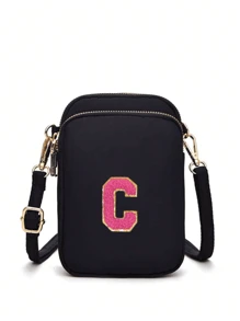 1 件休闲时尚斜挎步行包带手机布袋垂直零钱包适合旅行、返校、礼物（DIY 字母贴纸） - 黑色 - 查看 6