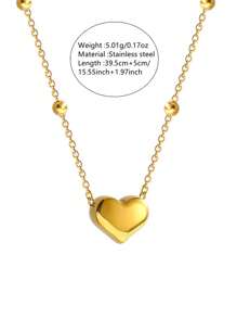 1pc Minimalist Cute Style Round Bead Chain Necklace With Heart Shaped Stainless Steel Pendant, Suitable For Women To Wear To Parties Or Dates, Or As A Valentine's Day Gift - Yellow Gold - View 10