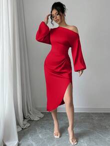 abyoxi Red Color Elegant Asymmetrical Neck Long Sleeve Waist Handmade Pleated Sexy Satin Dress,Wedding Dating Dress,Party,Simple,Back To School,Fall/Winter Clothes For Women